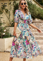 Robe midi bohème femme imprimée, col V, ceinture à nouer