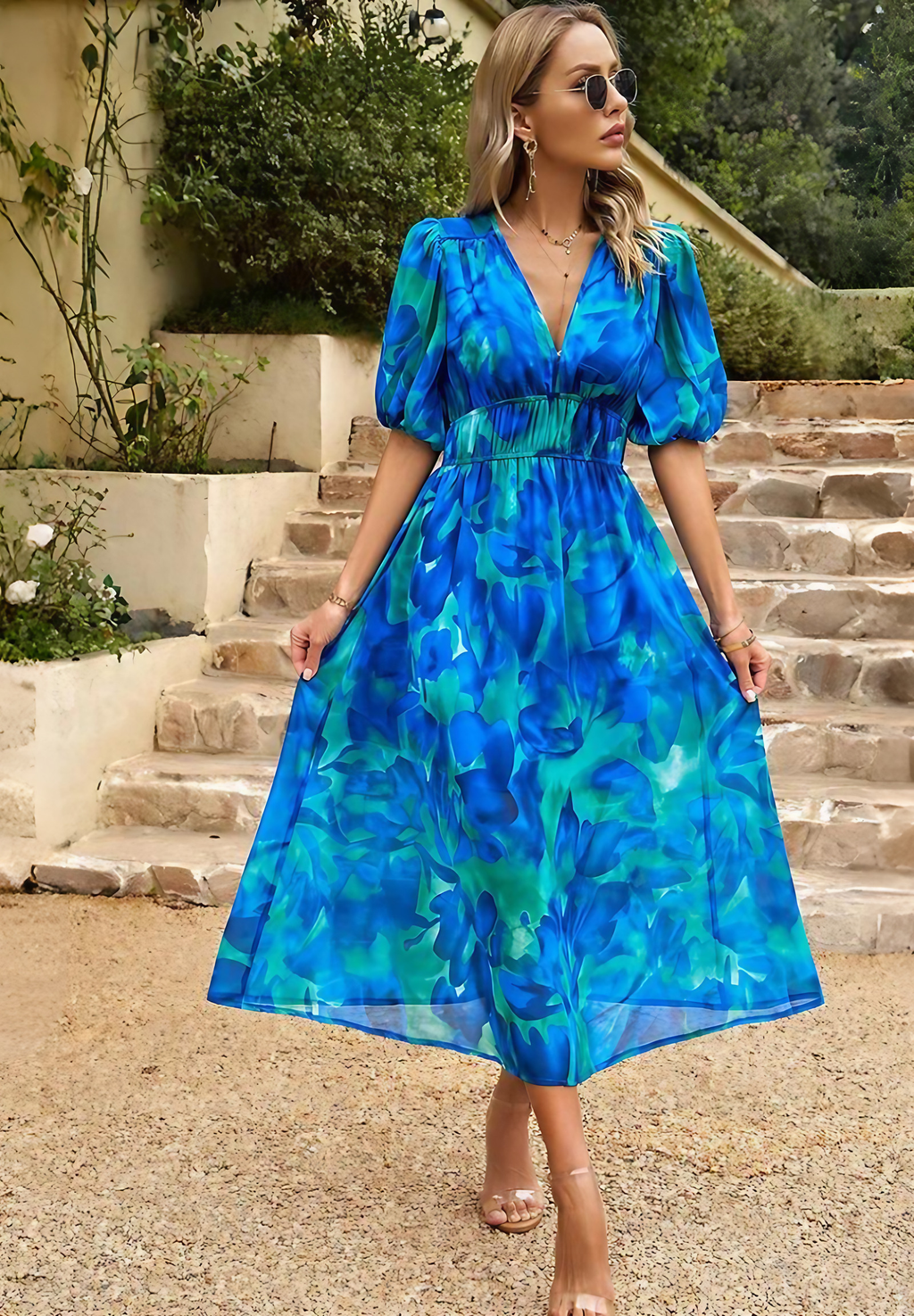 Robe midi bohème femme imprimée, col V, ceinture à nouer, bleu