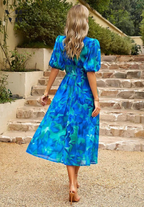 Robe midi bohème femme imprimée, col V, ceinture à nouer