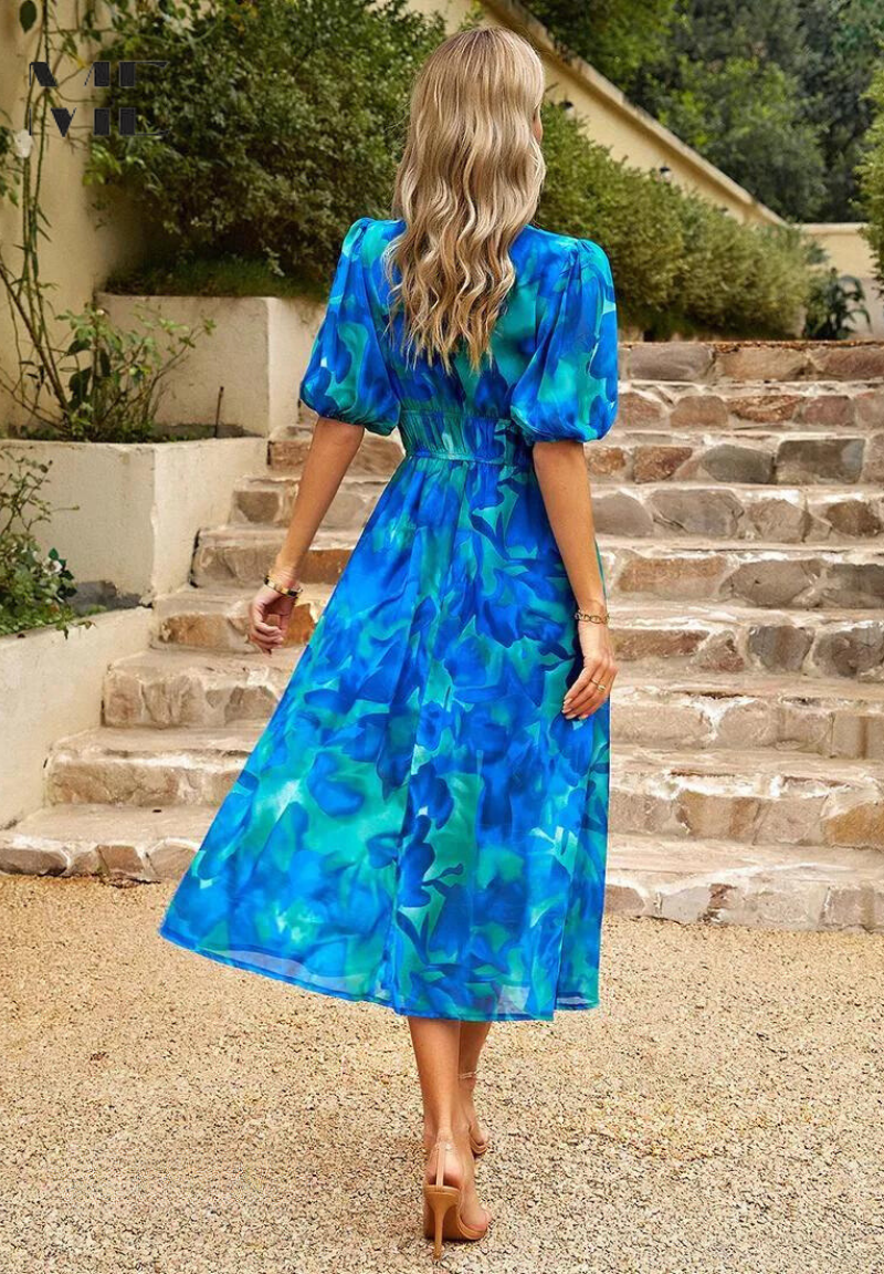 Robe midi bohème femme imprimée, col V, ceinture à nouer