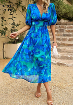 Robe midi bohème femme imprimée, col V, ceinture à nouer