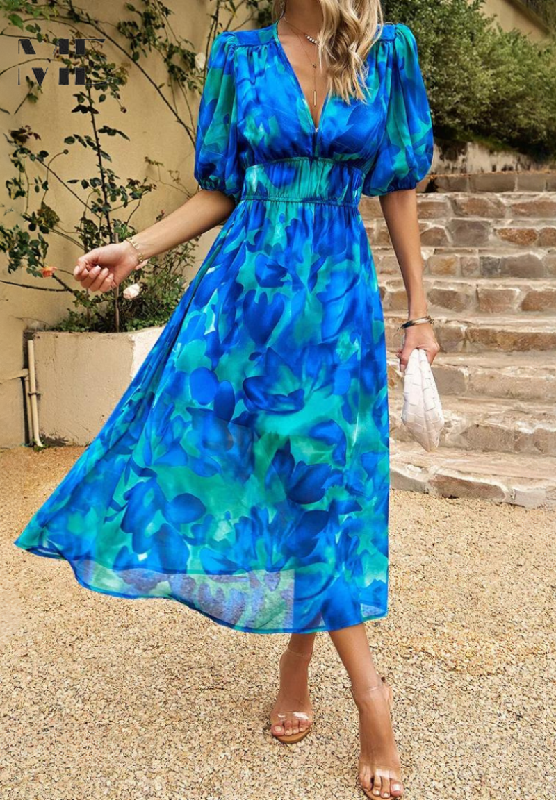 Robe midi bohème femme imprimée, col V, ceinture à nouer