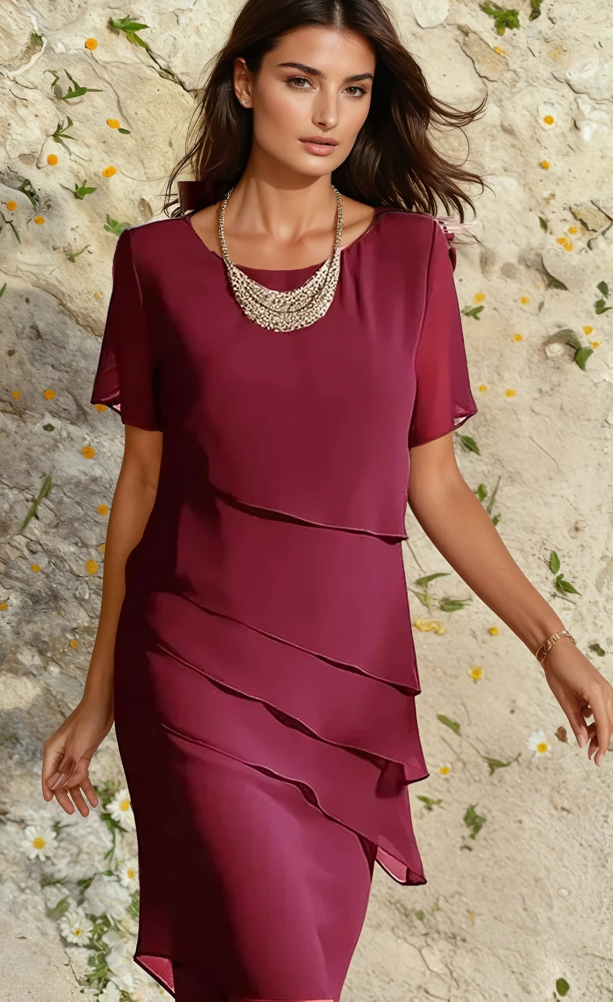 Robe midi bohème femme à motif floral, manches courtes, rouge