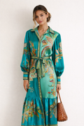 Robe midi bohème verte à col chemise et manches ballon, vert