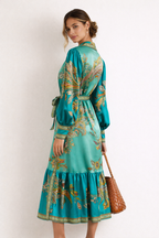 Robe midi bohème verte à col chemise et manches ballon