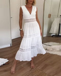 Robe midi bohème blanche en dentelle, volants et col V, blanc