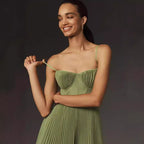 Robe midi bustier en tulle plissé vert, bretelles fines, vert