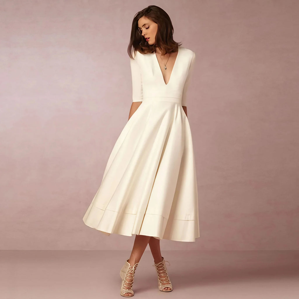 Robe midi cintrée à col rond, manches courtes, douze coloris, blanc