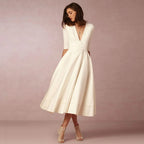 Robe midi cintrée à col rond, manches courtes, douze coloris, blanc
