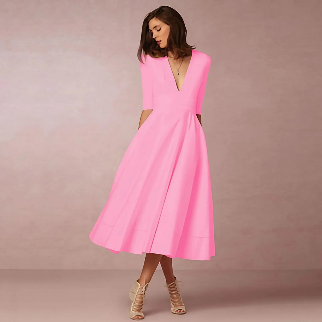 Robe midi cintrée à col rond, manches courtes, douze coloris, rose