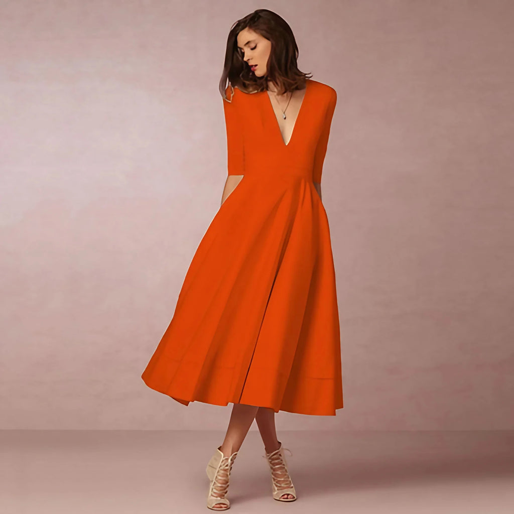 Robe midi cintrée à col rond, manches courtes, douze coloris, orange