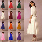 Robe midi cintrée à col rond, manches courtes, douze coloris