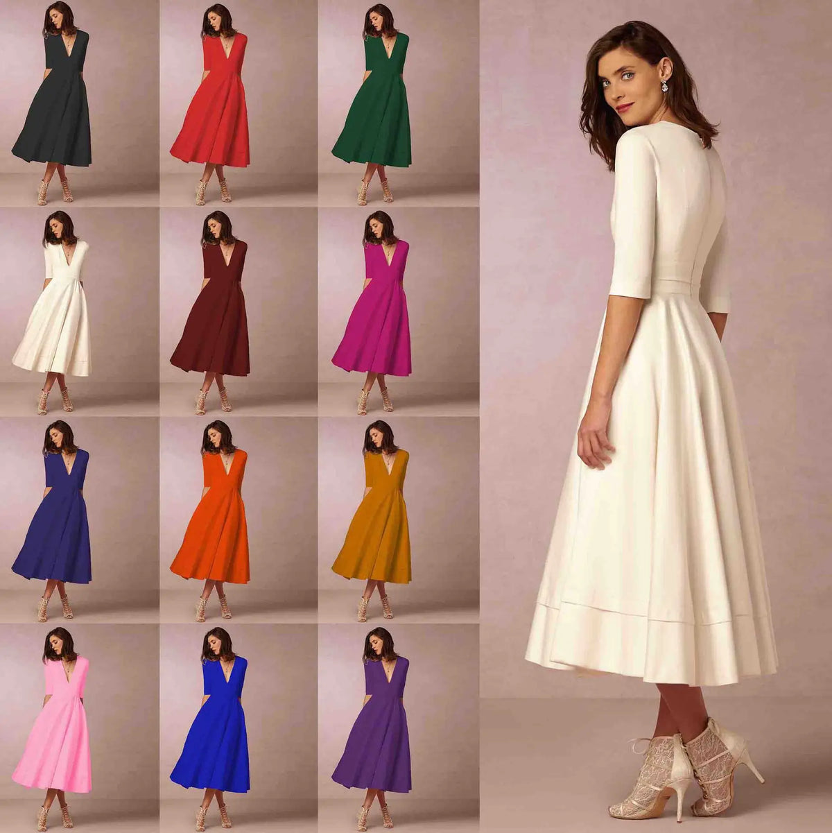 Robe midi cintrée à col rond, manches courtes, douze coloris