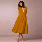 Robe midi cintrée à col rond, manches courtes, douze coloris, jaune