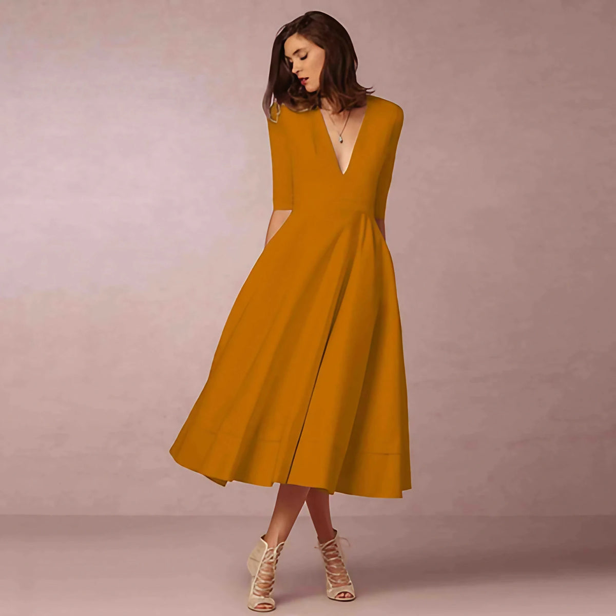 Robe midi cintrée à col rond, manches courtes, douze coloris, jaune