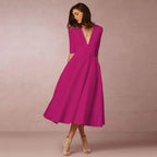 Robe midi cintrée à col rond, manches courtes, douze coloris, rose foncé