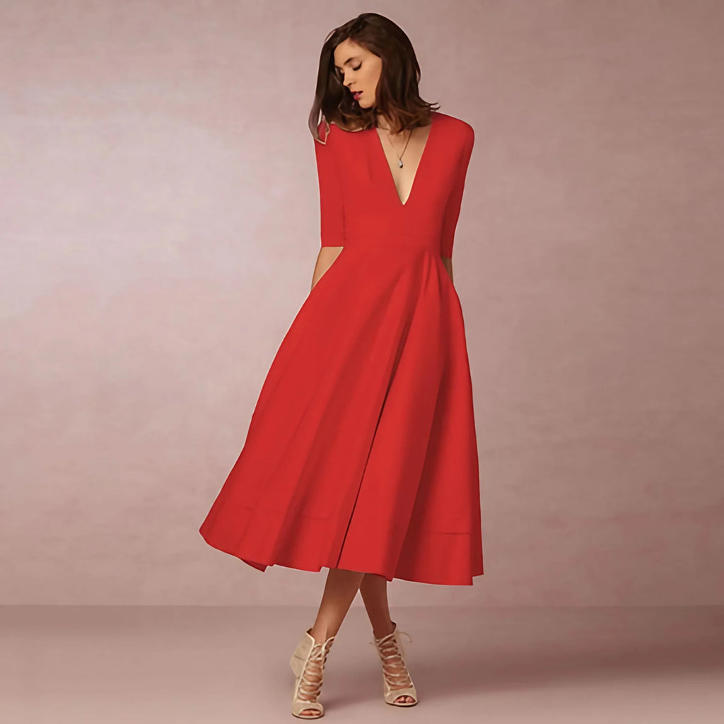 Robe midi cintrée à col rond, manches courtes, douze coloris, rouge