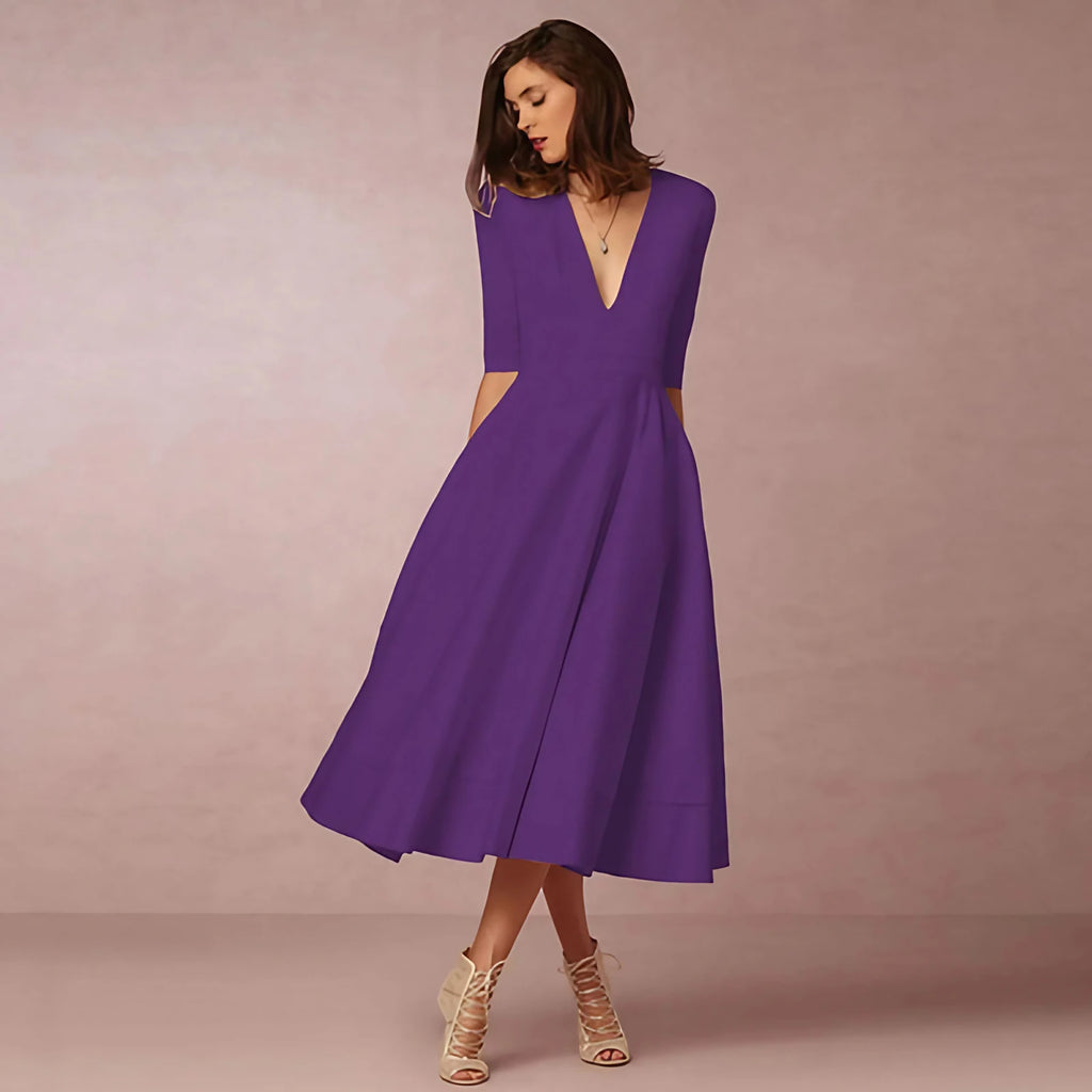 Robe midi cintrée à col rond, manches courtes, douze coloris, mauve