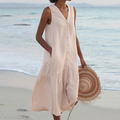 Robe d'été midi ample boutonnée, col V, sans manches, sept coloris, beige