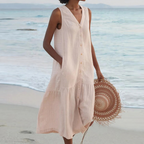 Robe d'été midi ample boutonnée, col V, sans manches, sept coloris, beige