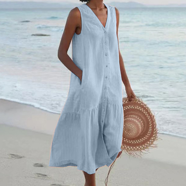 Robe d'été midi ample boutonnée, col V, sans manches, sept coloris, bleu