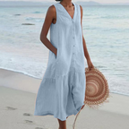 Robe d'été midi ample boutonnée, col V, sans manches, sept coloris, bleu