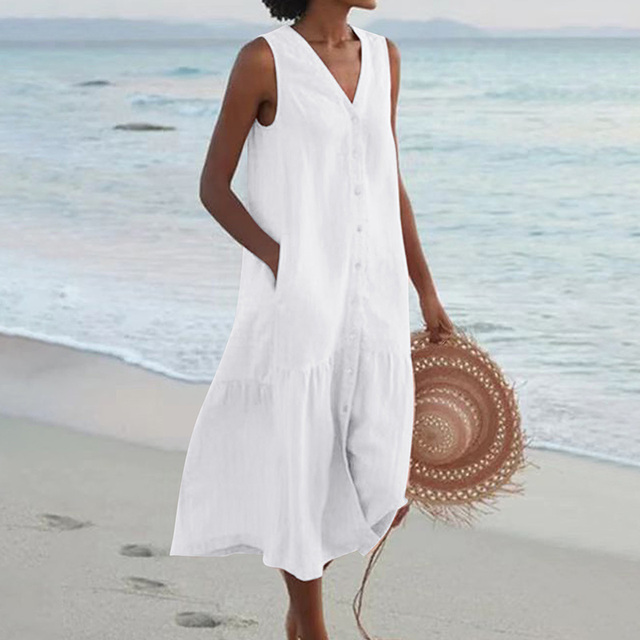 Robe d'été midi ample boutonnée, col V, sans manches, sept coloris, blanc