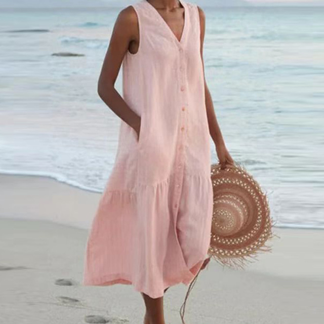 Robe d'été midi ample boutonnée, col V, sans manches, sept coloris, rose