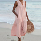 Robe d'été midi ample boutonnée, col V, sans manches, sept coloris, rose