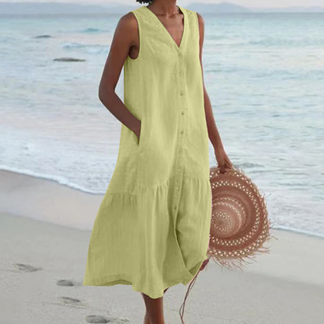 Robe d'été midi ample boutonnée, col V, sans manches, sept coloris, vert