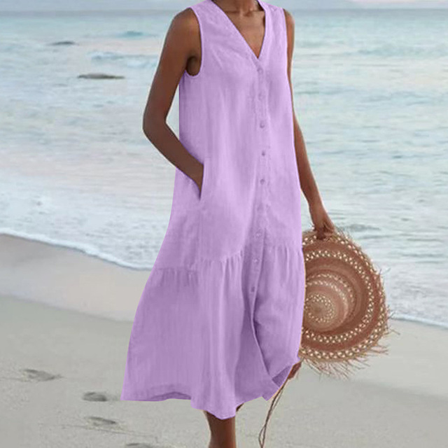 Robe d'été midi ample boutonnée, col V, sans manches, sept coloris, violet