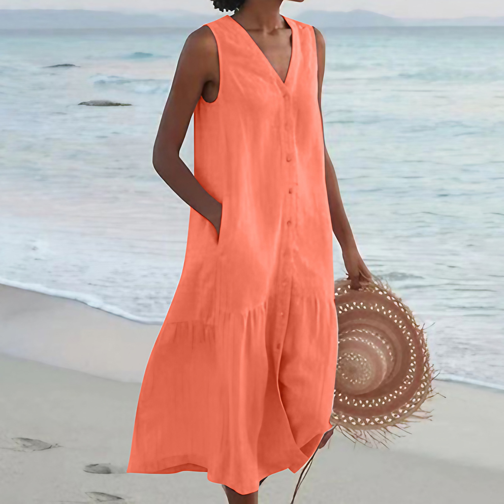 Robe d'été midi ample boutonnée, col V, sans manches, sept coloris, orange
