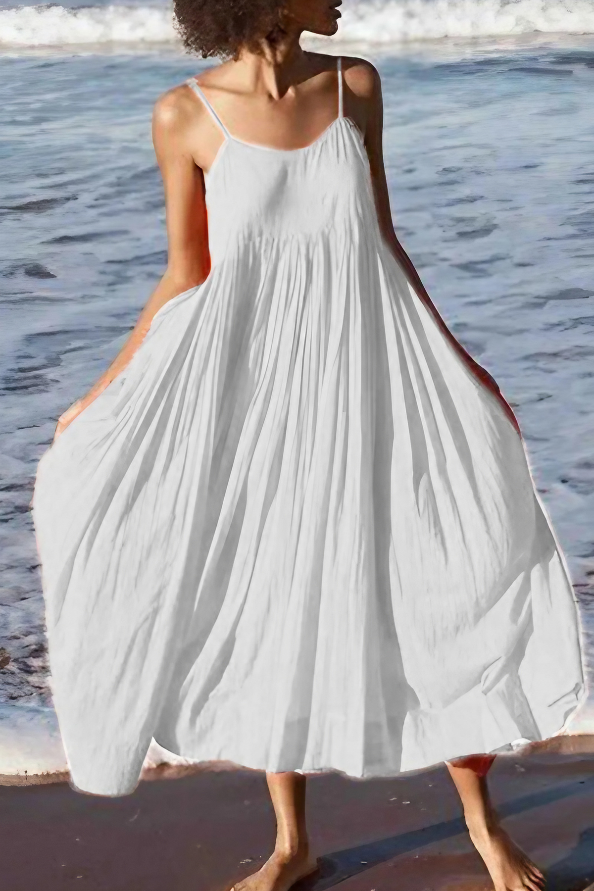 Robe midi d'été à bretelles fines, effet patchwork superposé, blanc