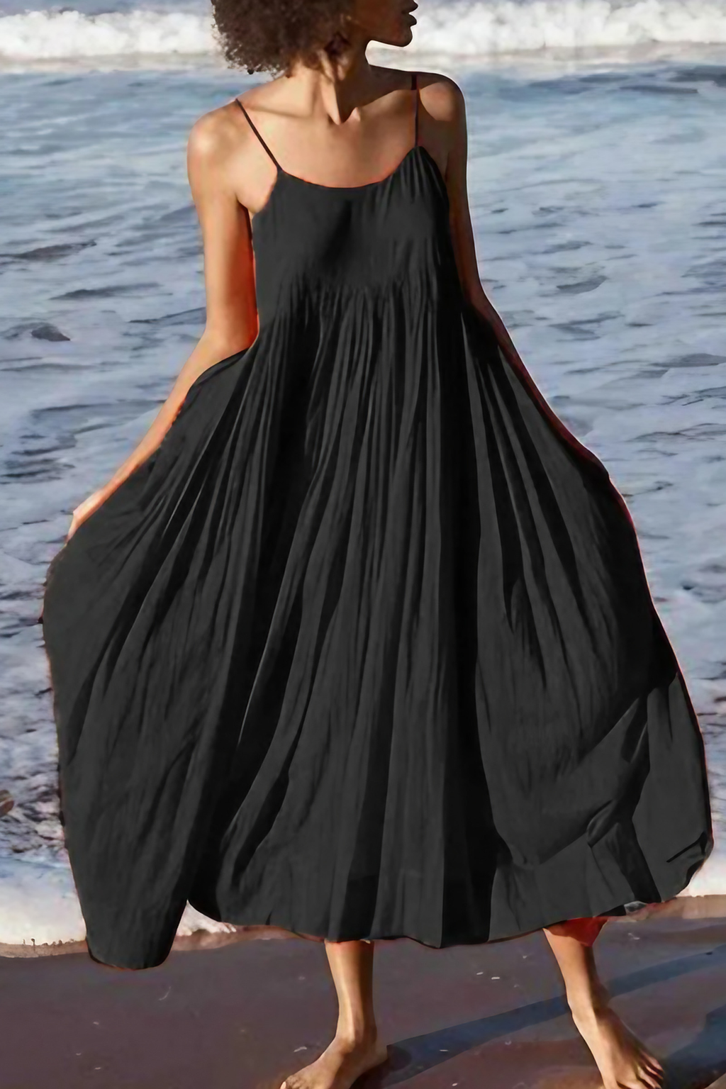 Robe midi d'été à bretelles fines, effet patchwork superposé, noir