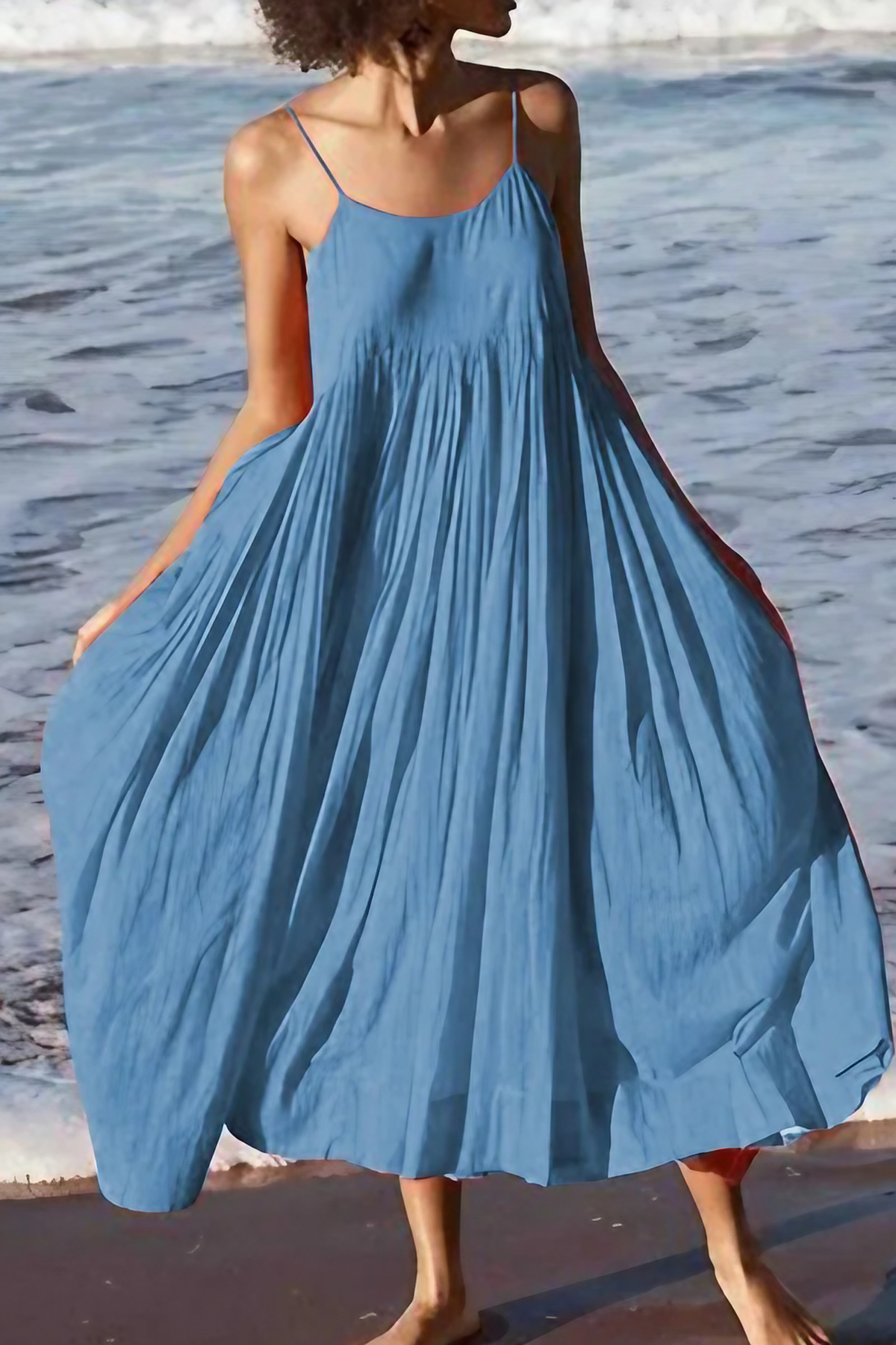 Robe midi d'été à bretelles fines, effet patchwork superposé, bleu clair