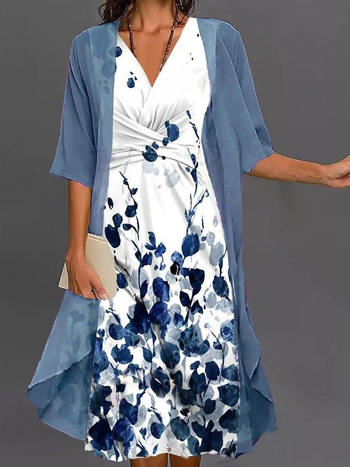 Robe midi deux pièces fleurie, blanc et bleu, du XS au 2XL