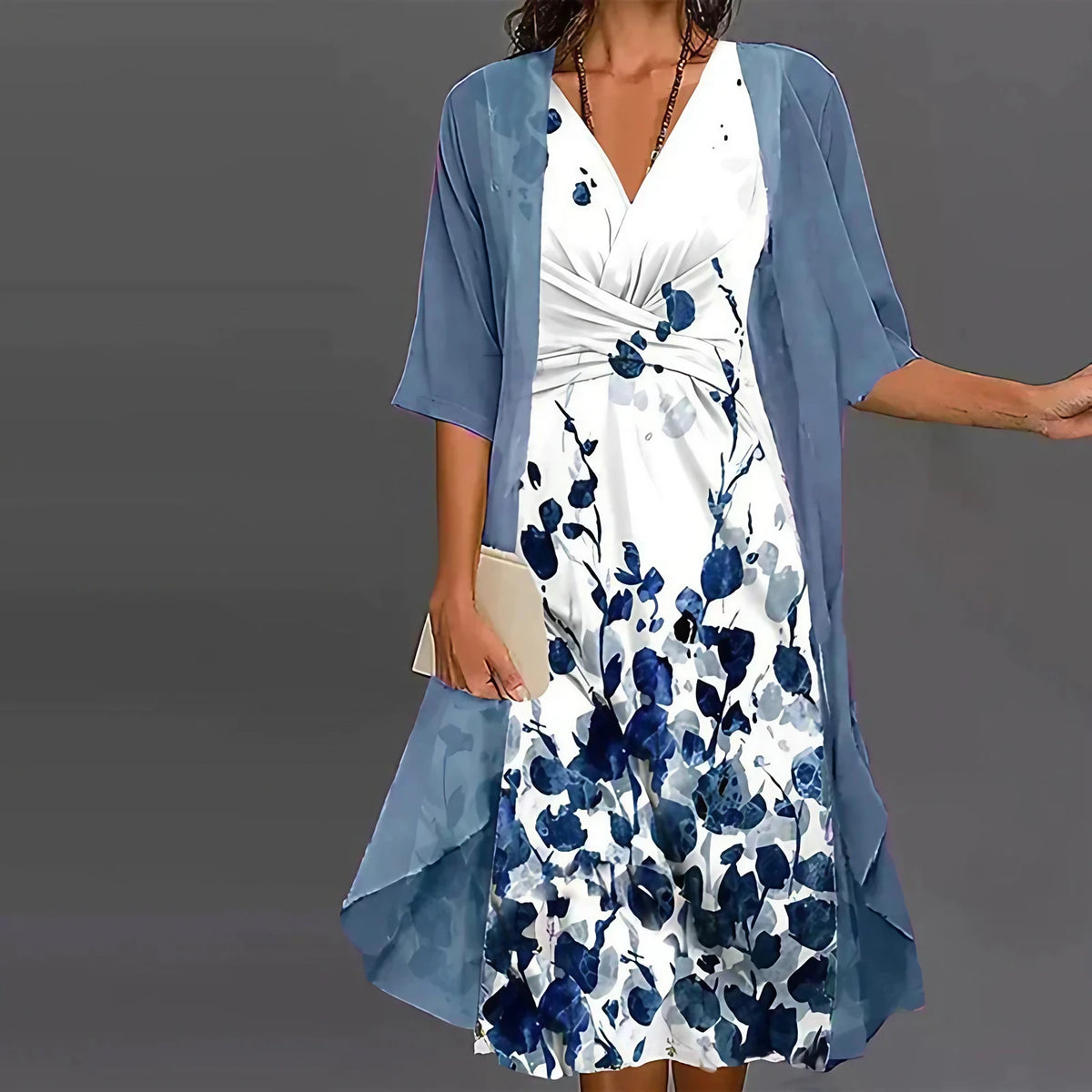 Robe midi deux pièces fleurie, blanc et bleu, du XS au 2XL, blanc et bleu