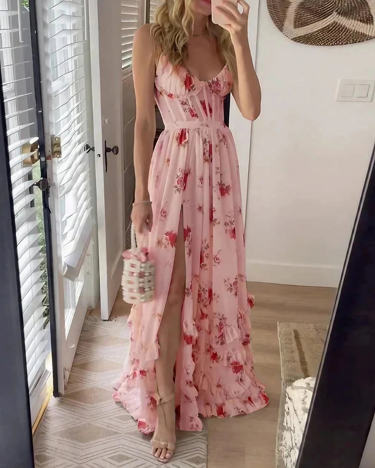 Robe midi drapée femme, encolure drapée et jupe fluide, rose