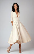 Robe midi trapèze femme, col V profond, manches 3/4, beige