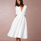 Robe midi trapèze femme, col V profond, manches 3/4, blanc