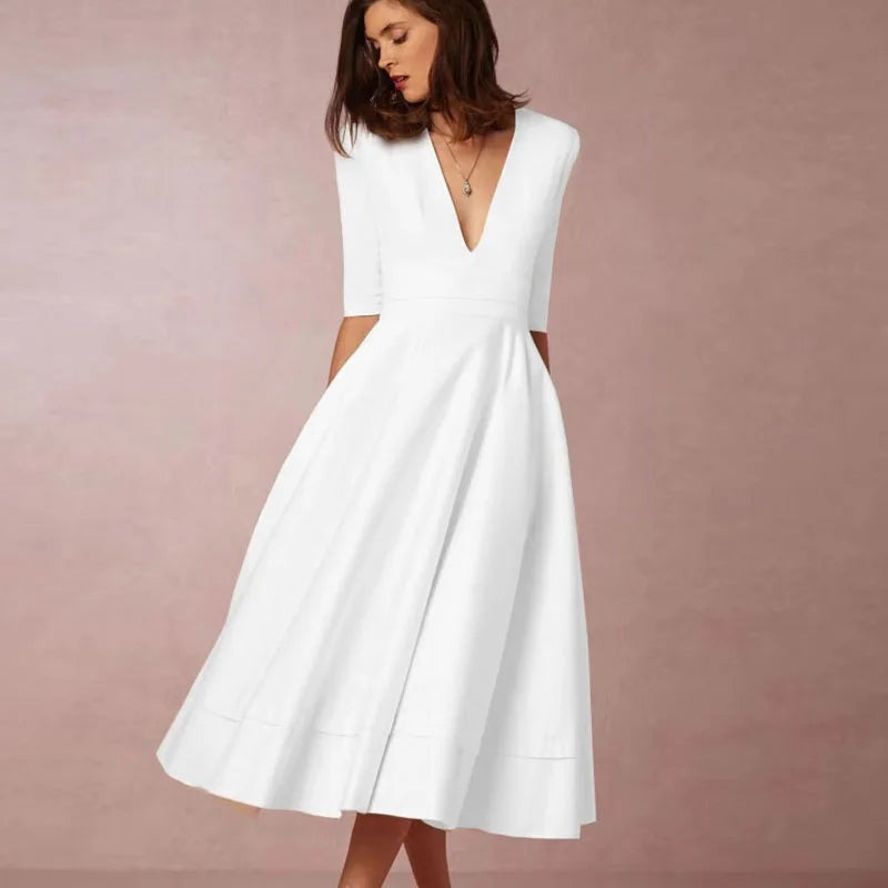 Robe midi trapèze femme, col V profond, manches 3/4, blanc