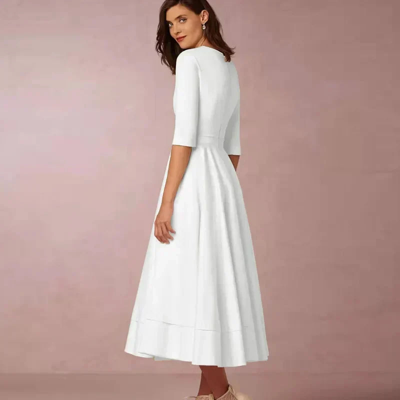 Robe midi trapèze femme, col V profond, manches 3/4