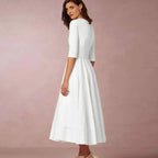 Robe midi trapèze femme, col V profond, manches 3/4