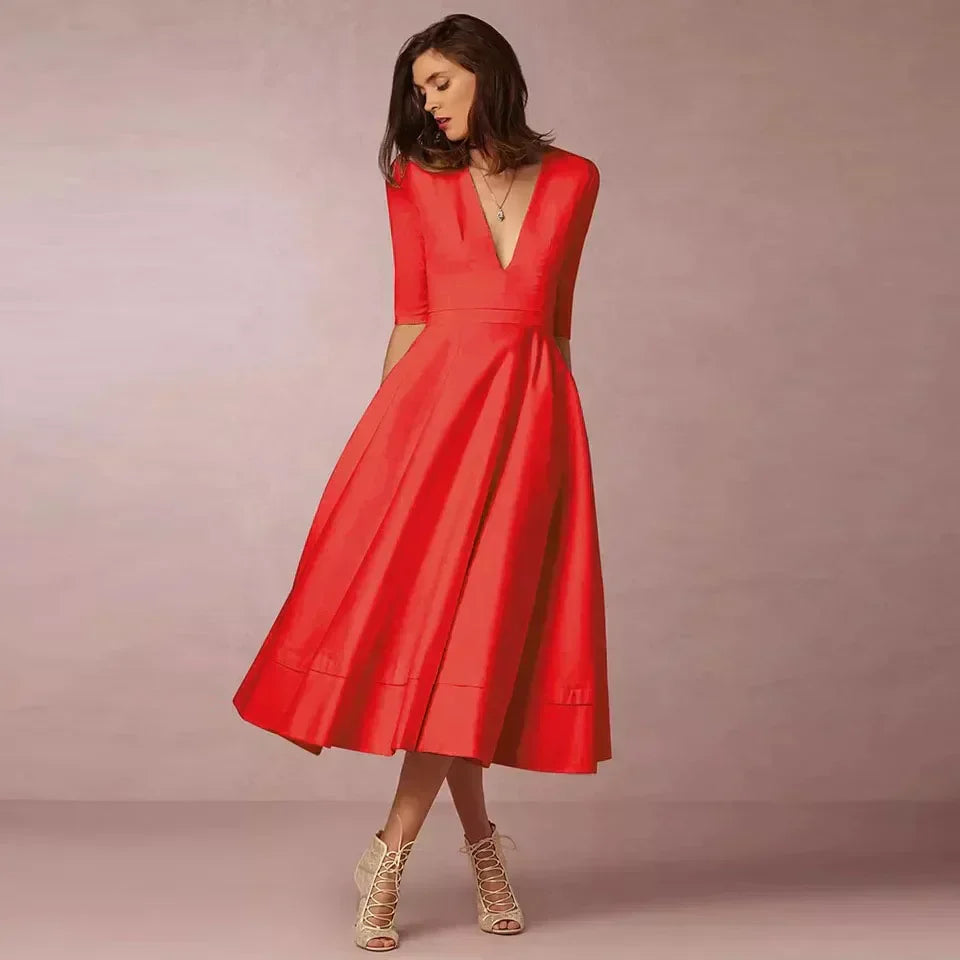 Robe midi trapèze femme, col V profond, manches 3/4, rouge