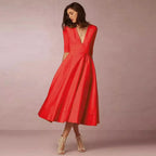 Robe midi trapèze femme, col V profond, manches 3/4, rouge