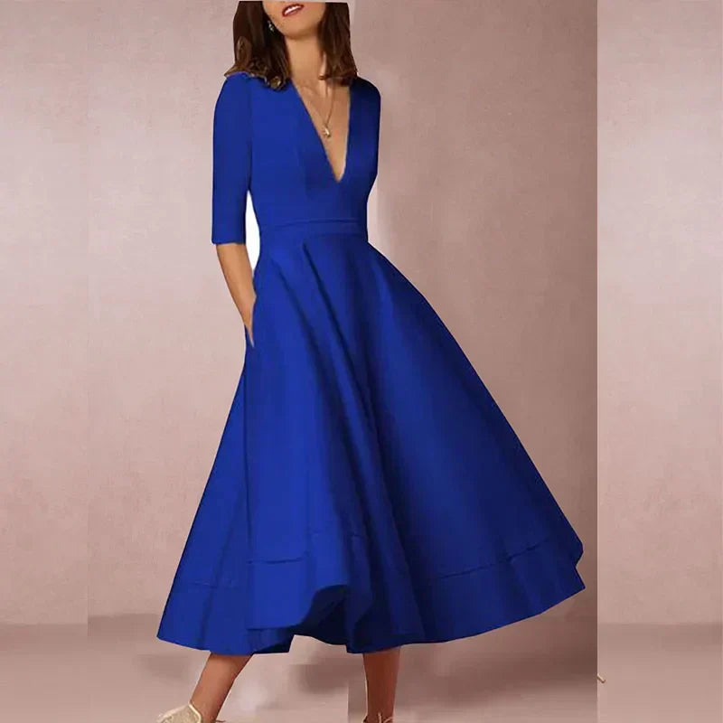 Robe midi trapèze femme, col V profond, manches 3/4, bleu