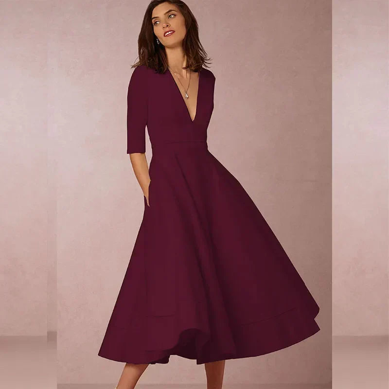 Robe midi trapèze femme, col V profond, manches 3/4, vin rouge