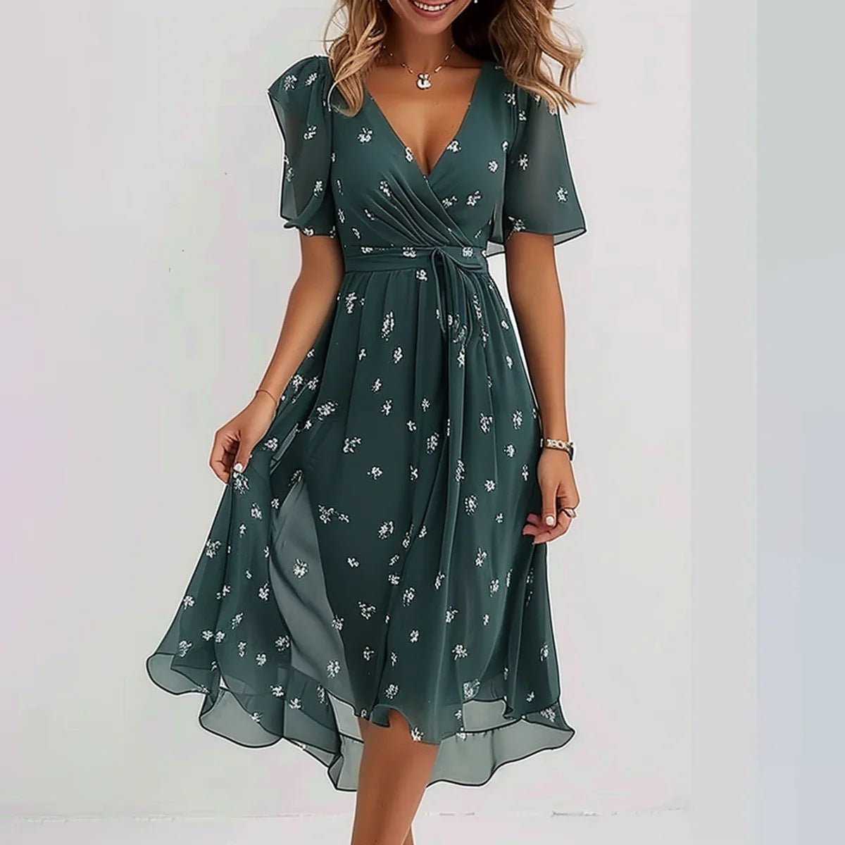 Robe midi fleurie femme, coupe fluide, du S au 5XL, vert