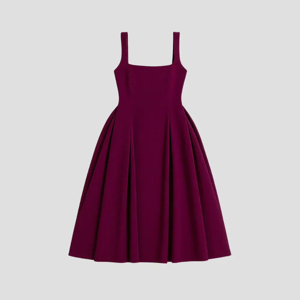 Robe midi femme décolleté carré, taille cintrée, jupe à plis