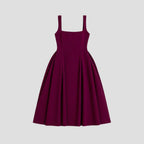 Robe midi femme décolleté carré, taille cintrée, jupe à plis